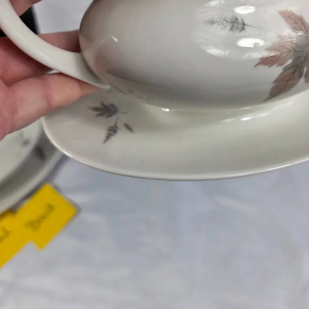 Royal Doulton Tumbling Leaves Gravy Boat & Underplate Gray & Pink Leaves